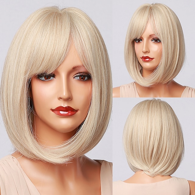 Beauty & Hair Wigs & Hair Pieces | Light White Blonde Ombre Short Bob Wigs for Women Synthetic Straight Hair Wig Natural Cosplay