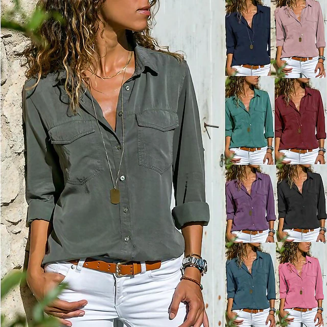 Women's Shirt Blouse Pocket Lapel Collor Long Sleeve Women‘s Clothing ...