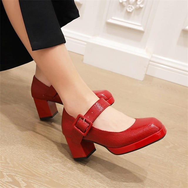 Shoes & Bags Womens Shoes | Womens Heels Chunky Heel Square Toe Minimalism Daily PU Leather Buckle Spring Summer Solid Colored W