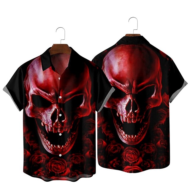 

Men's Shirt 3D Print Cat Skull Classic Collar Party Daily Print Short Sleeve Tops Streetwear Hawaiian Black / Red