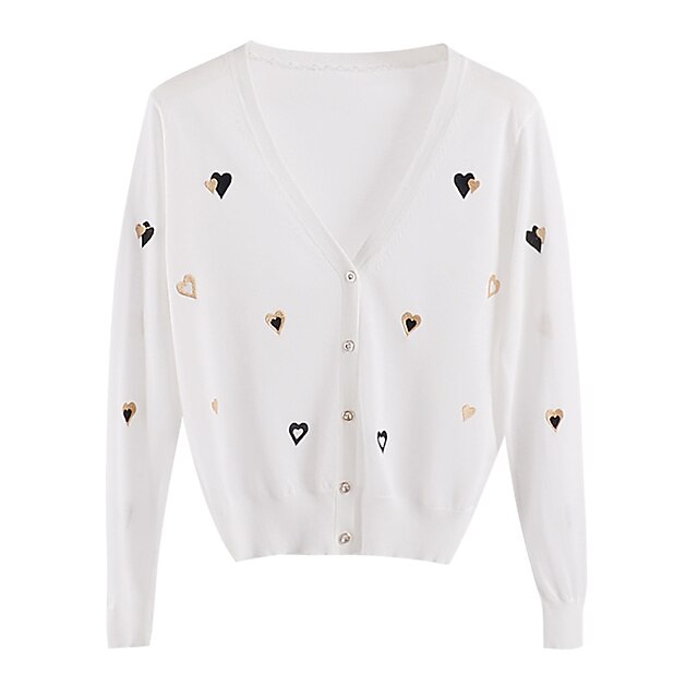 

Women's Cardigan Embroidered Knitted Button Heart Stylish Elegant Casual Long Sleeve Sweater Cardigans V Neck Spring Summer White Black Light Blue