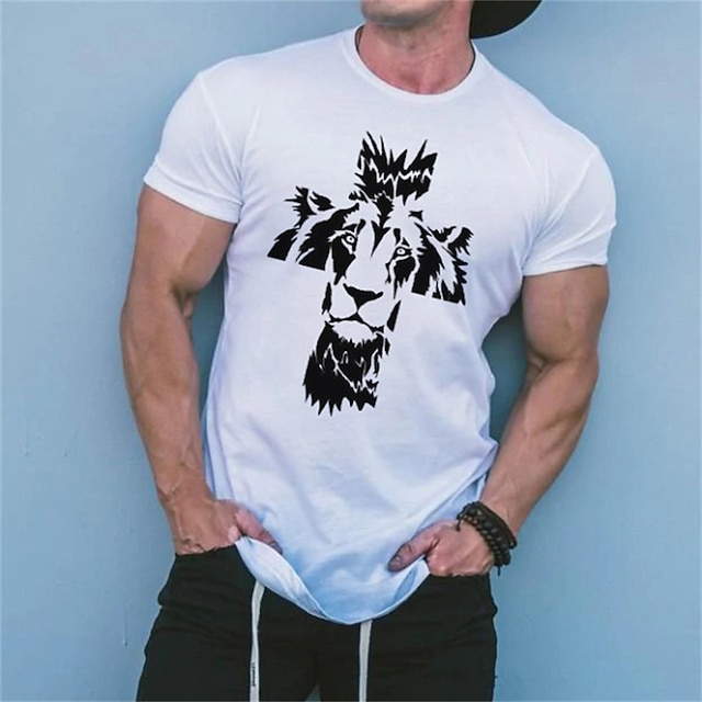 

Men's T shirt Hot Stamping Graphic Lion Crew Neck Casual Daily Print Short Sleeve Tops Lightweight Fashion Big and Tall Sports White