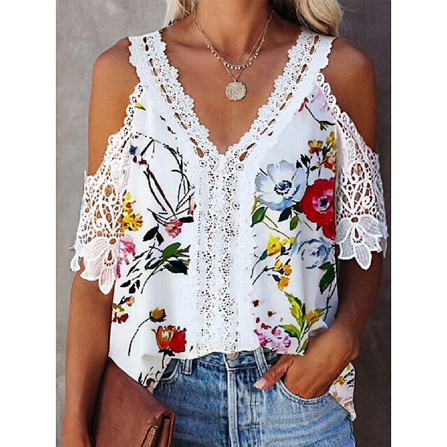 

Women's Floral Theme Blouse Flower Lace Print V Neck Tops White / 3D Print
