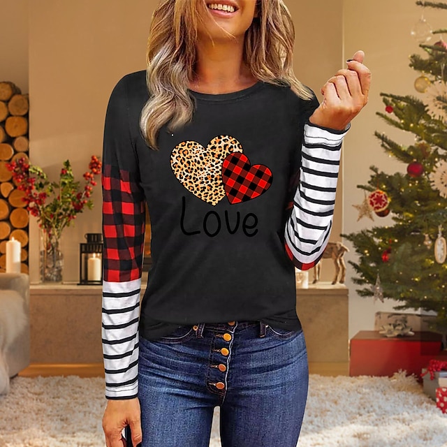 

Women's Painting T shirt Plaid Heart Leopard Print Round Neck Basic Tops White Black Gray