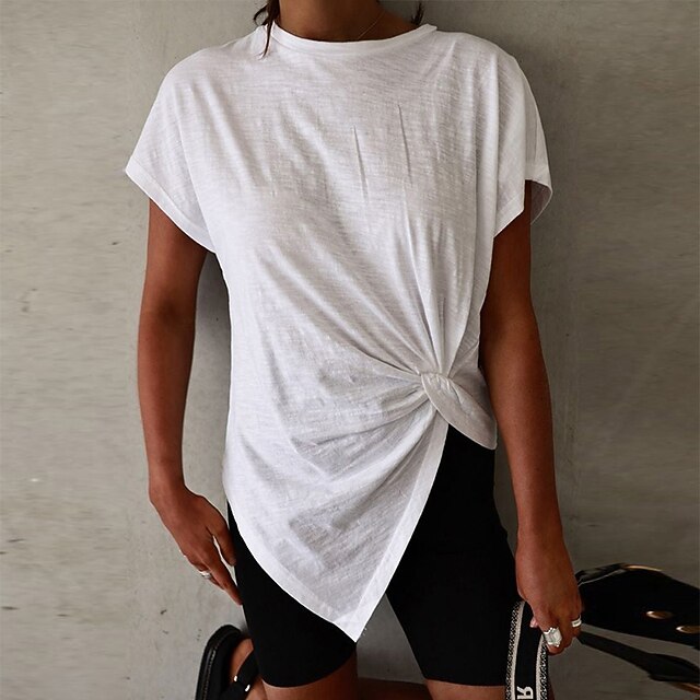 

Women's T shirt Plain Bow Round Neck Basic Tops White Black Wine