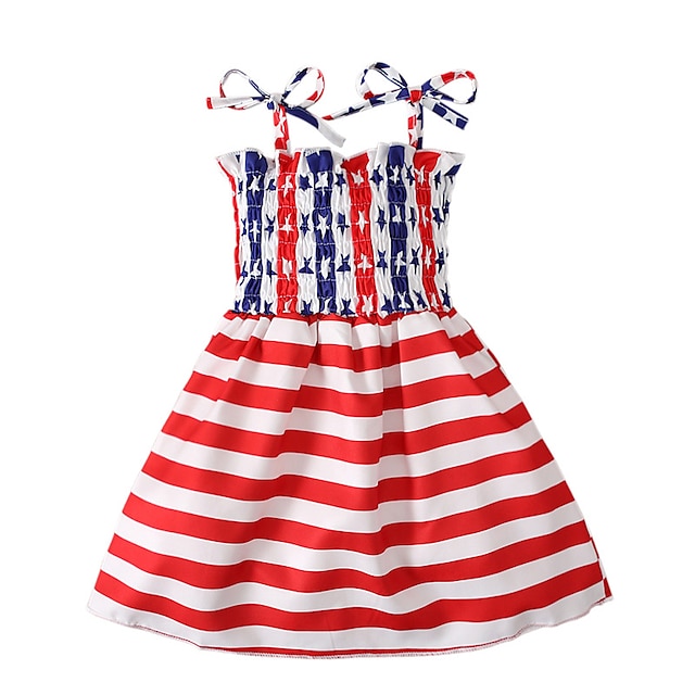 

Kids Little Girls' Dress Geometric Flag A Line Dress Daily Bow Print Red Knee-length Sleeveless Beautiful Cute Dresses American National Day Summer Regular Fit 2-6 Years