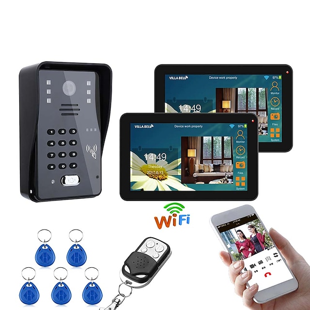  Wired Video Intercom Doorbell Intercom Entry System 9 Inch 2 Monitors Wireless Wifi RFID Password Door Phone With IR-CUT 1000TVL Camera Support Remote APP unlocking Recording Snapshot