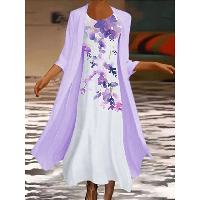 Womens Clothing Womens Dresses | Womens Shift Dress Maxi long Dress Purple 3/4 Length Sleeve Floral Print Spring Summer Round Ne