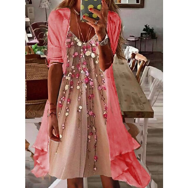 Womens Clothing Womens Dresses | Womens Two Piece Dress Midi Dress Pink Long Sleeve Floral Print Spring Summer V Neck Party Styl