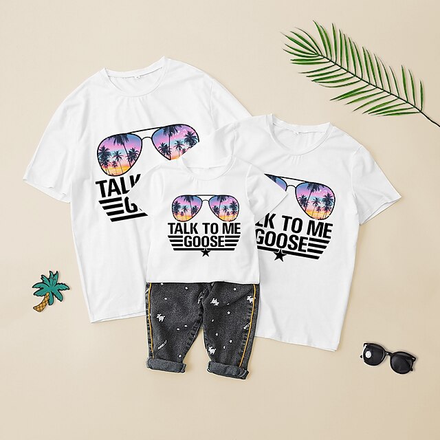 Baby & Kids Matching Outfits | Family Look T shirt Tops Leaf Star Letter Causal Print Green White Light Gray Short Sleeve Casual