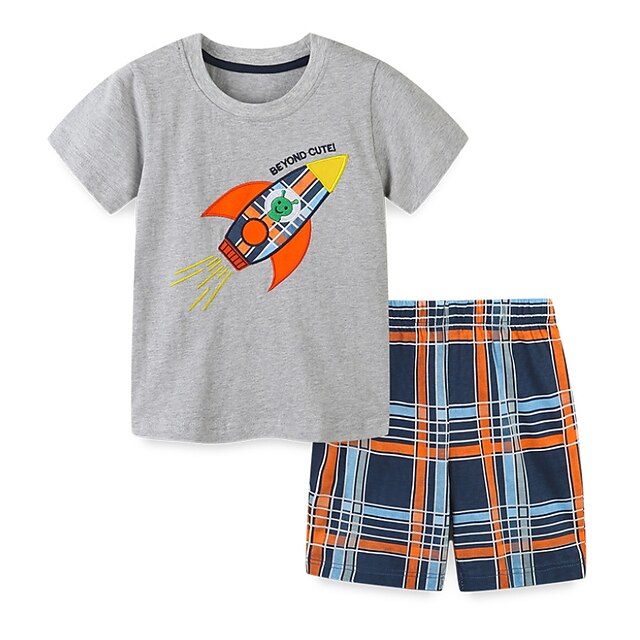 Baby & Kids Boys Clothing | Kids Boys T-shirt & Shorts Clothing Set 2 Pieces Short Sleeve Gray Cartoon Plaid Print Street Vacati