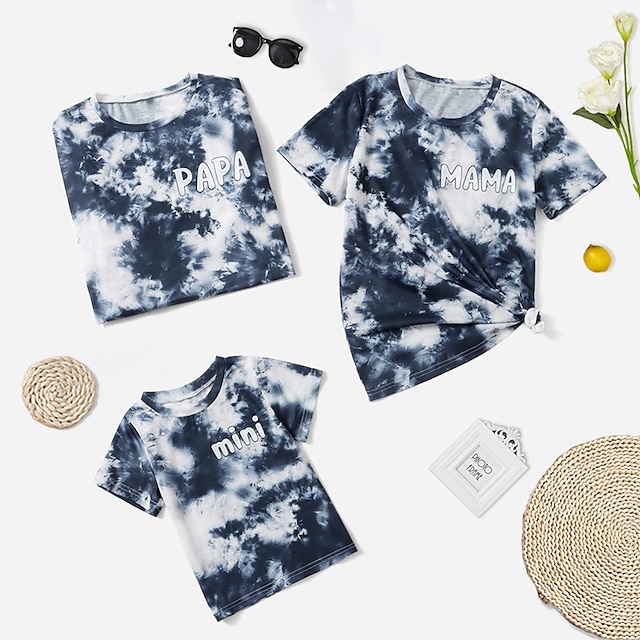 Baby & Kids Matching Outfits | Family Look T shirt Tops Tie Dye Letter Causal Print Deep Blue Short Sleeve Casual Matching Outfi