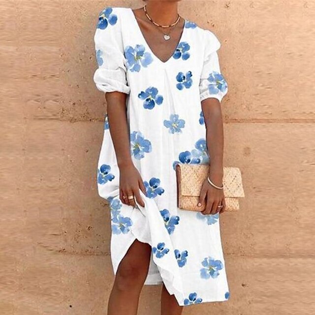 

Women's Casual Dress Midi Dress White Light Red Red Beige Half Sleeve Floral Print Spring Summer V Neck Casual Puff Sleeve 2022 S M L XL XXL 3XL