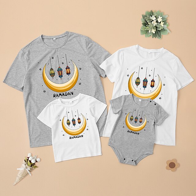 Baby & Kids Matching Outfits | Family Look Ramadan T shirt Tops Star Moon Letter Causal Print Multicolor Short Sleeve Adorable M