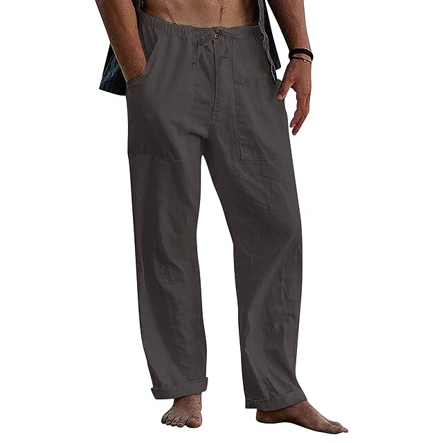Men's Linen Pants Trousers Summer Pants Beach Pants Pocket Elastic ...