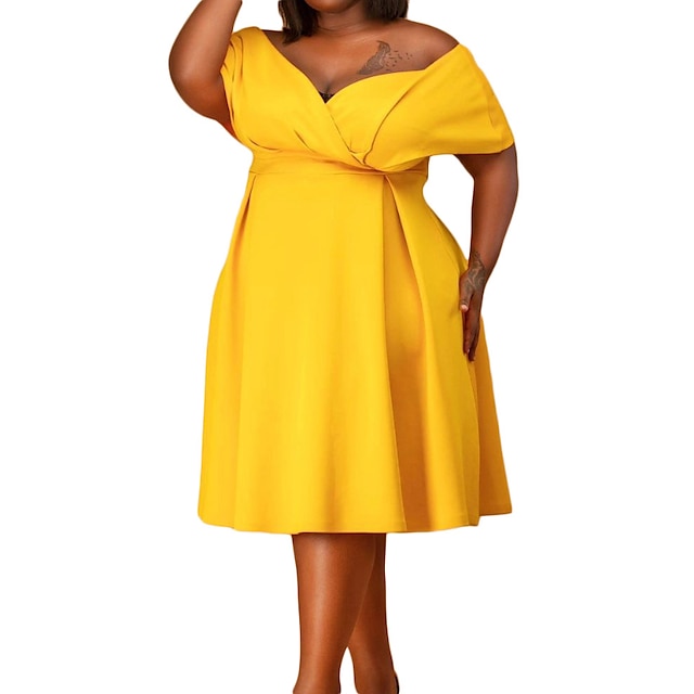 Womens Clothing Plus Size Collection | Womens Plus Size A Line Dress Solid Color V Neck Short Sleeve Spring Summer Casual Knee L