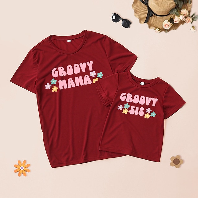 Baby & Kids Matching Outfits | Mommy and Me T shirt Tops Floral Letter Causal Print Red Short Sleeve Adorable Matching Outfits -