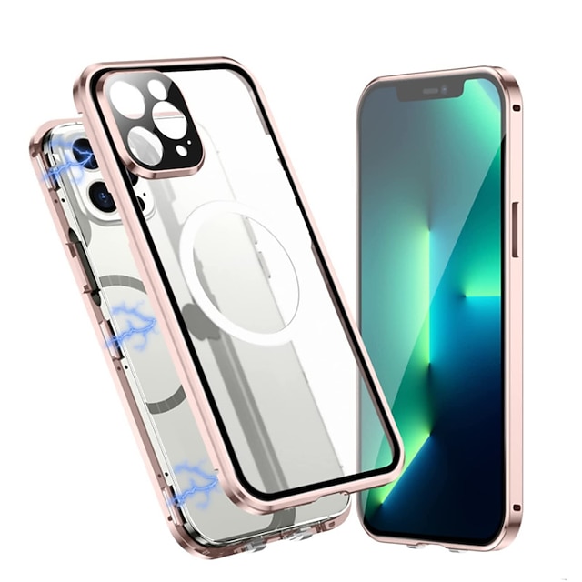  telefon fodral Till Apple Magnetiskt adsorptionsfodral iPhone 12 Pro Max 11 Pro Max Stötsäker Dubbelsidig Klar Solid färg Härdat glas Metall