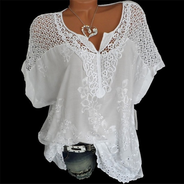  chemise femme chemise en dentelle chemisier haut à œillets mousseline streetwear basique décontracté brodé manches courtes régulier hauts col en V quotidien sortie week-end noir blanc rouge bleu vert