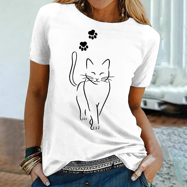 Women's T Shirt Cat Basic Short Sleeve Round Neck Regular Tops Casual Weekend Print Black White Gray 9