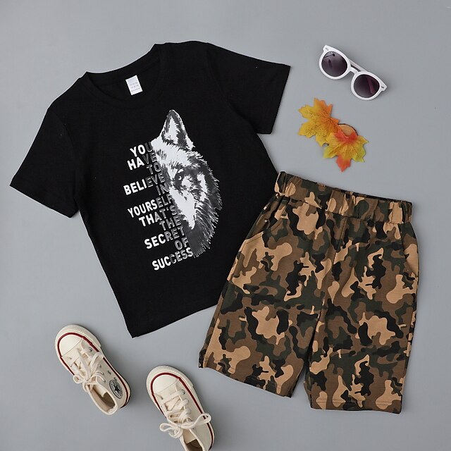 Baby & Kids Boys Clothing | Kids Boys T-shirt & Shorts Clothing Set 2 Pieces Short Sleeve Black Camouflage Wolf Letter Print Str