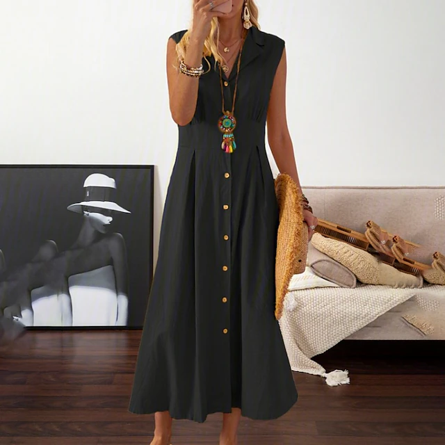 Women's Cotton Linen Dress Casual Dress Swing Dress Midi Dress Black ...
