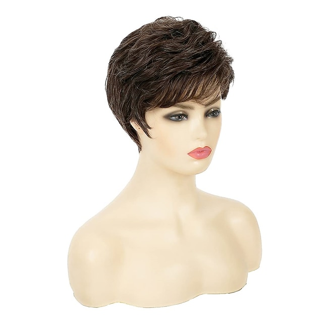 Short Brown Pixie Wig Synthetic Layered Cosplay Hair Full Wigs for ...