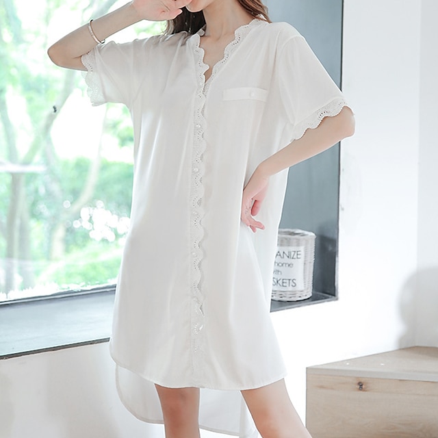 Womens Clothing Womens Sleep & Lounge | Womens Pajamas Nightshirt Pure Color Simple Comfort Home Polyester V Wire Half Sleeve Sp