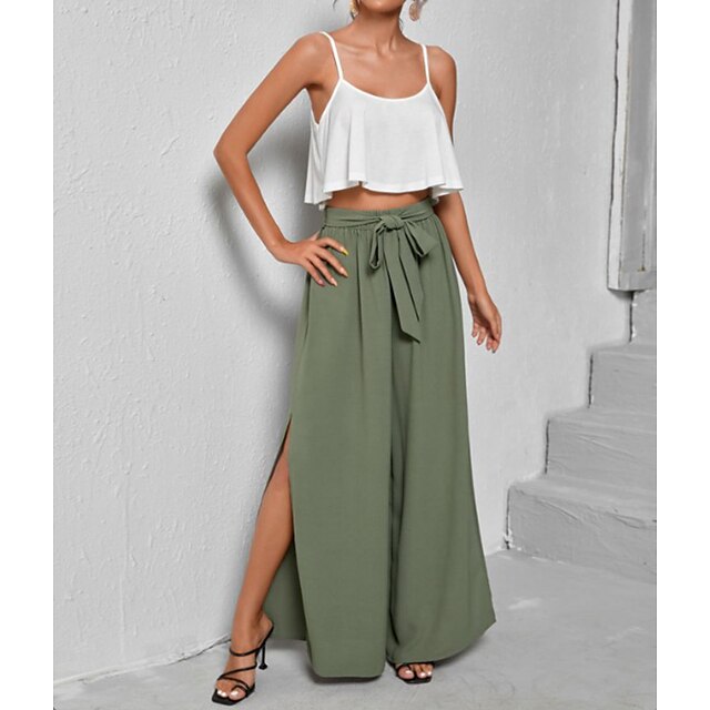 Womens Clothing Womens Bottoms | Womens Fashion Culottes Wide Leg Chinos Wide Leg Split Full Length Pants Casual Weekend Micro-e