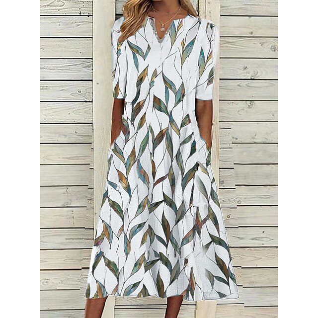 Women's Casual Dress Shift Dress Leaf Print Print V Neck Midi Dress ...