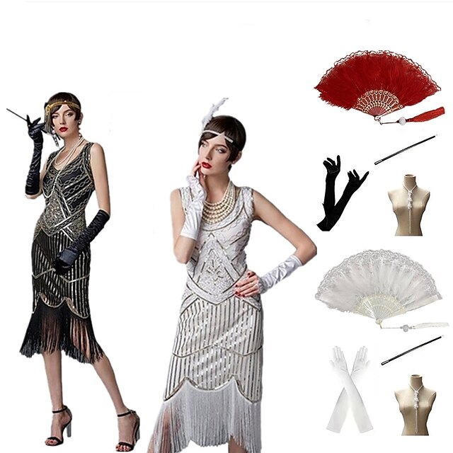  Ordító 20-as évek Vintage-inspirált A nagy Gatsby Flapper ruha Ruhák Felszerelések Báli ruha Rövid hosszú Női Flitter Rojt V-alakú Mindszentek napja Parti / Estélyi Buli és este Ruha