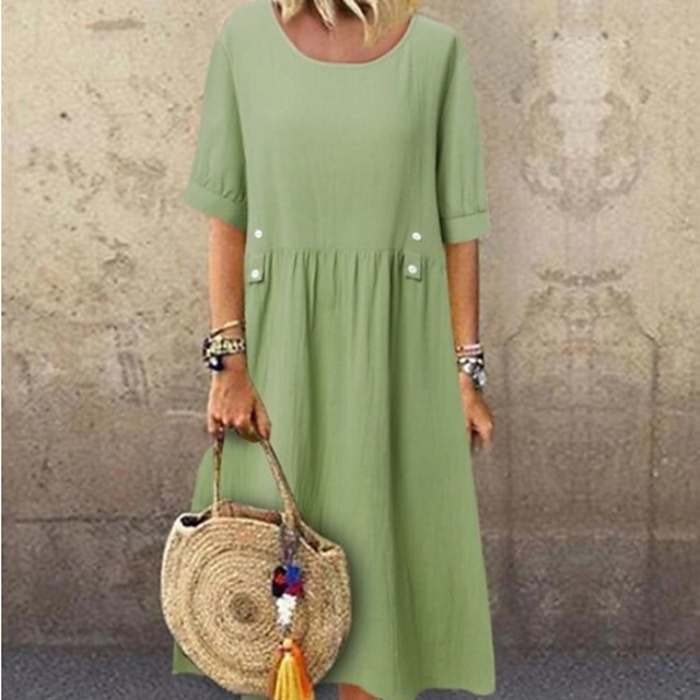  Women's Casual Dress Midi Dress Light Green Purple Short Sleeve Pure Color Ruched Spring Summer Crew Neck Casual Weekend Loose Fit 2023 M L XL XXL 3XL