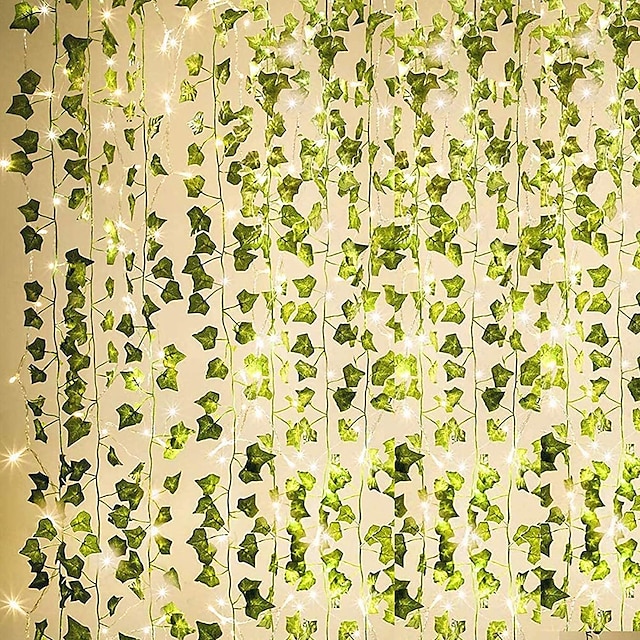  12 pacote de plantas falsas guirlanda de hera artificial 25.6 m 84 pés guirlanda de videira com 120 led corda luz pendurada para casa jardim de cozinha escritório decoração de parede de casamento