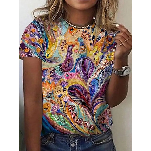 Womens Clothing Plus Size Collection | Womens Plus Size Tops T shirt Floral Color Gradient Print Short Sleeve Crewneck Streetwea