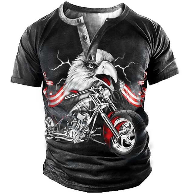 

Men's Henley Shirt T shirt 3D Print Graphic Eagle Motorcycle Henley Street Casual Button-Down Print Short Sleeve Tops Basic Fashion Classic Comfortable Black