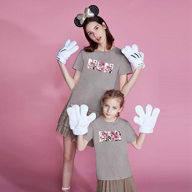 Baby & Kids Matching Outfits | Mommy and Me T shirt Tops Floral Letter Daily Print Black Gray Pink Short Sleeve Basic Matching O