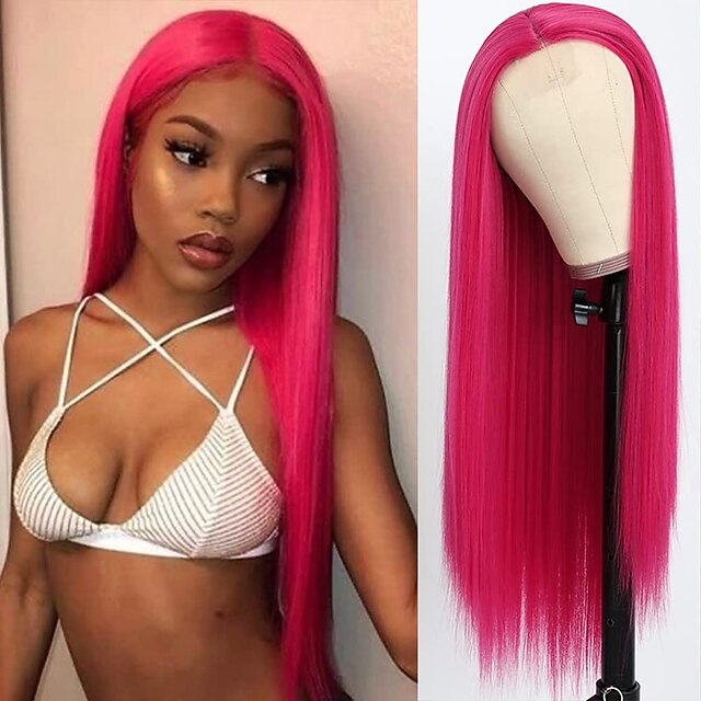Pink Wig With Long Straight Hair Raspberry Powder Natural Hairline Wig