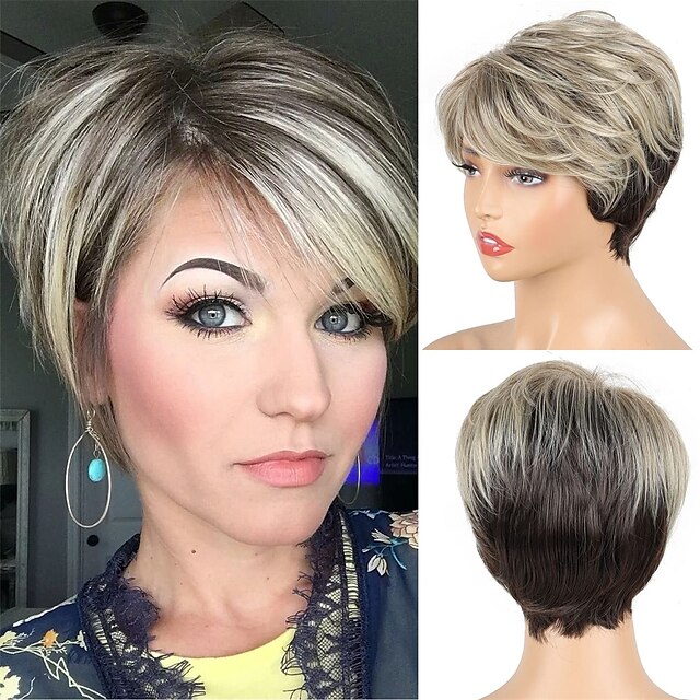 Pixie Cut Wigs Short Blonde Wigs for White Women Pixie Cut Wigs with Bangs  Ombre Brown