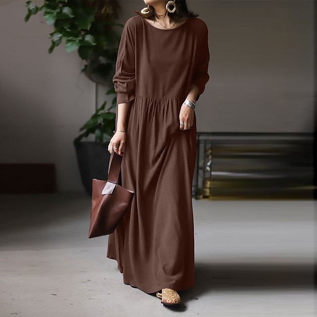  Robe en coton et lin Robe casual Femme Robe longue maxi Lin Bohème Décontractées robe hiver du quotidien Vacances Col Ras du Cou Patchwork manche longue Eté Printemps Automne lin Ample Noir Blanche
