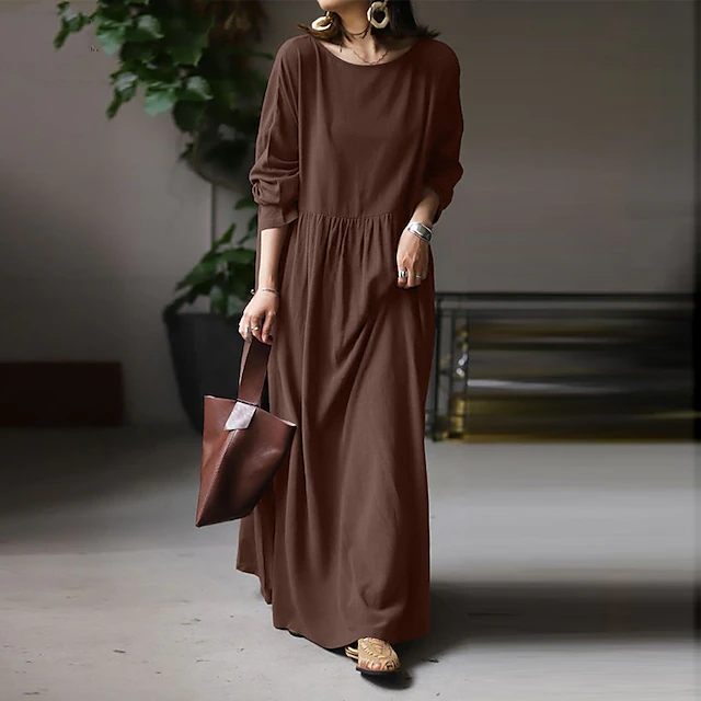 Women's Linen-Cotton Blend Maxi Dress Long Sleeve Loose Fit Patchwork Crew Neck Casual 15