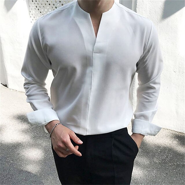  Men's Shirt Solid Color V Neck Street Casual Long Sleeve Tops Casual Fashion Breathable Comfortable White