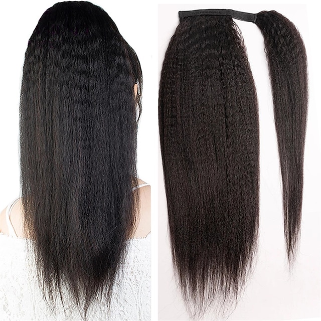  Hair Extensions Ponytail Extensions Virgin Kinky Straight Human Hair Wrap Around Ponytail Remy Hair Extensions Clip in Hair Extensions with Magic Paste One Piece Hairpiece Hair For Women Natural Color