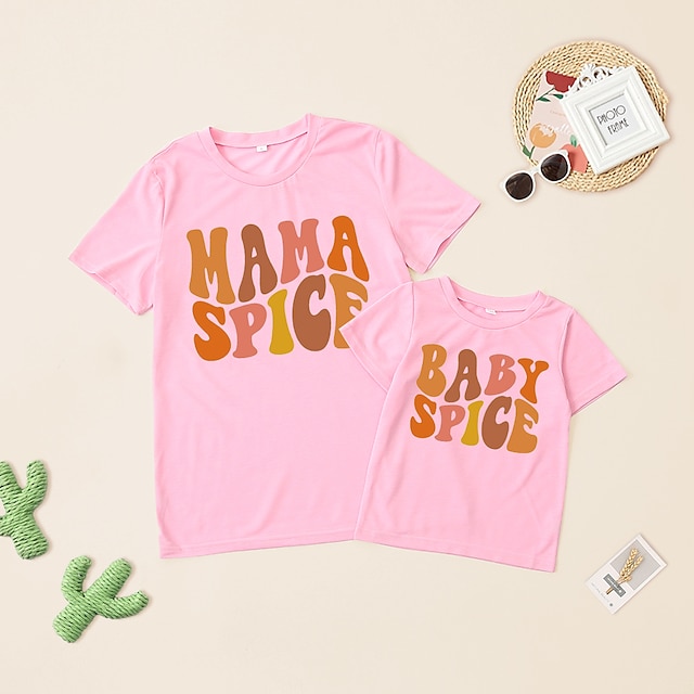 Baby & Kids Matching Outfits | Mommy and Me T shirt Tops Letter Causal Print Pink Short Sleeve Casual Matching Outfits - VJ22815