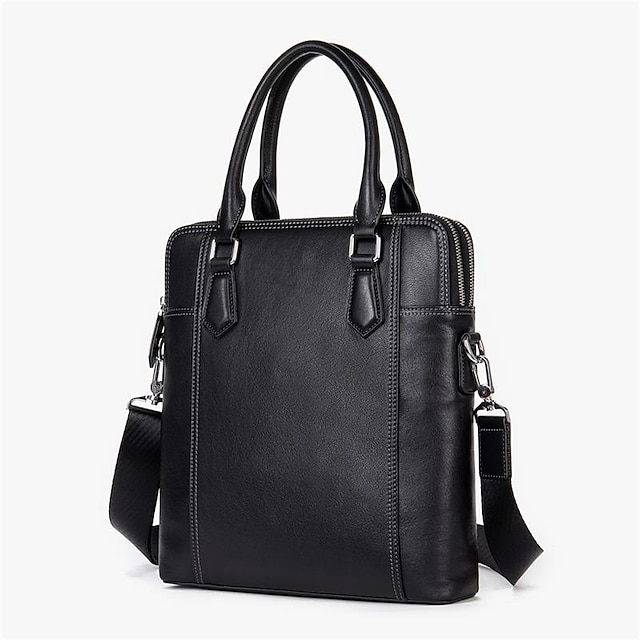  Men's Laptop Bag Briefcase Top Handle Bag Nappa Leather Cowhide Daily Zipper Black