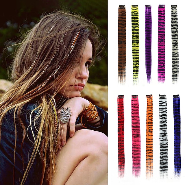 Feather Hair Extension 5Pieces Colorful Fake Hair Clip In One Piece Rainbow Synthetic  Hair Extensions 18inch Hairpiece For Women Girls 9084506 2023 – $