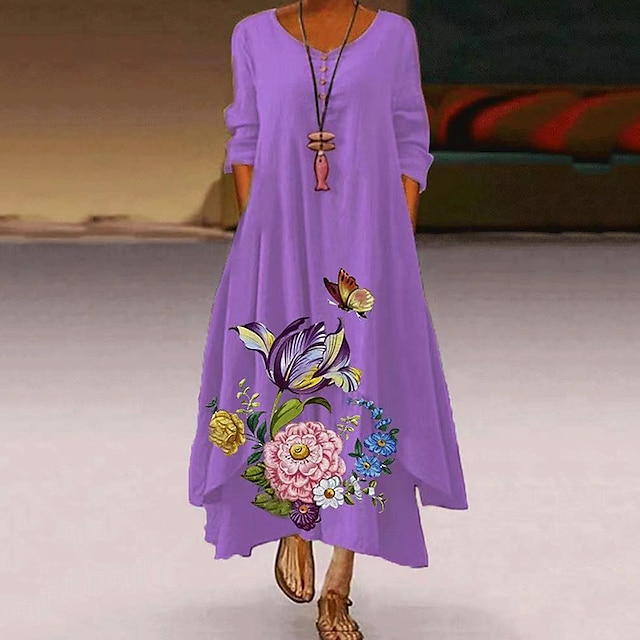 Women's Swing Dress Purple Long Sleeve Floral Button Winter Fall Autumn ...