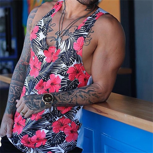  Men's Vest Top Tank Top Vest Designer Summer Sleeveless Floral Graphic Patterned 3D Print Crew Neck Daily Sports Print Clothing Clothes Designer Classic Hawaiian Light Pink Pink Yellow