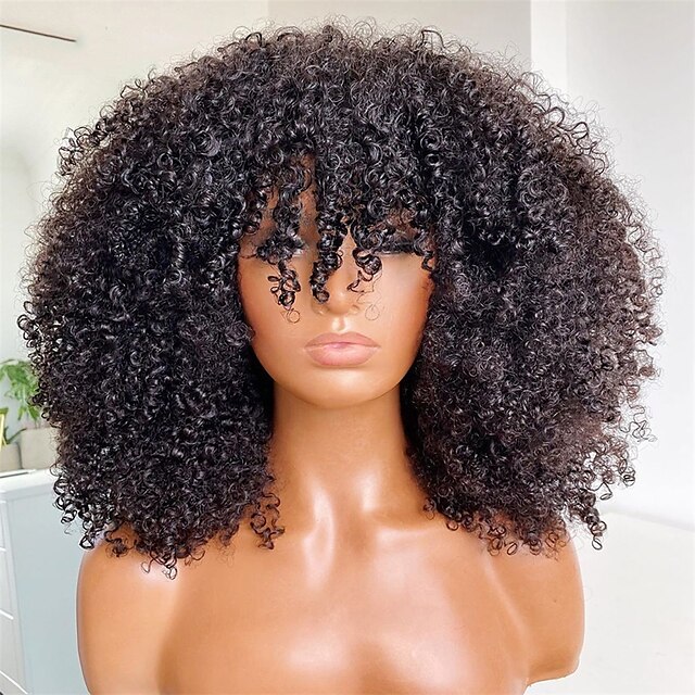  Remy Human Hair Wig Kinky Curly With Bangs Natural Black Capless Brazilian Hair Women's Natural Black #1B 8 inch 10 inch 12 inch Party / Evening Daily Wear Vacation