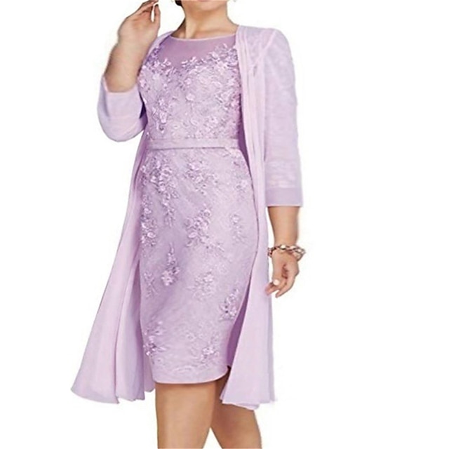 Womens Clothing Plus Size Collection | Womens Plus Size Sheath Dress Solid Color Round Neck Lace 3/4 Length Sleeve Spring Summer