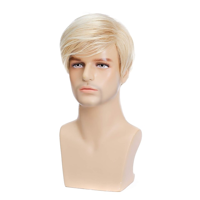Mens Short Blonde Wig Natural Hair Replacement Synthetic Hair Wigs